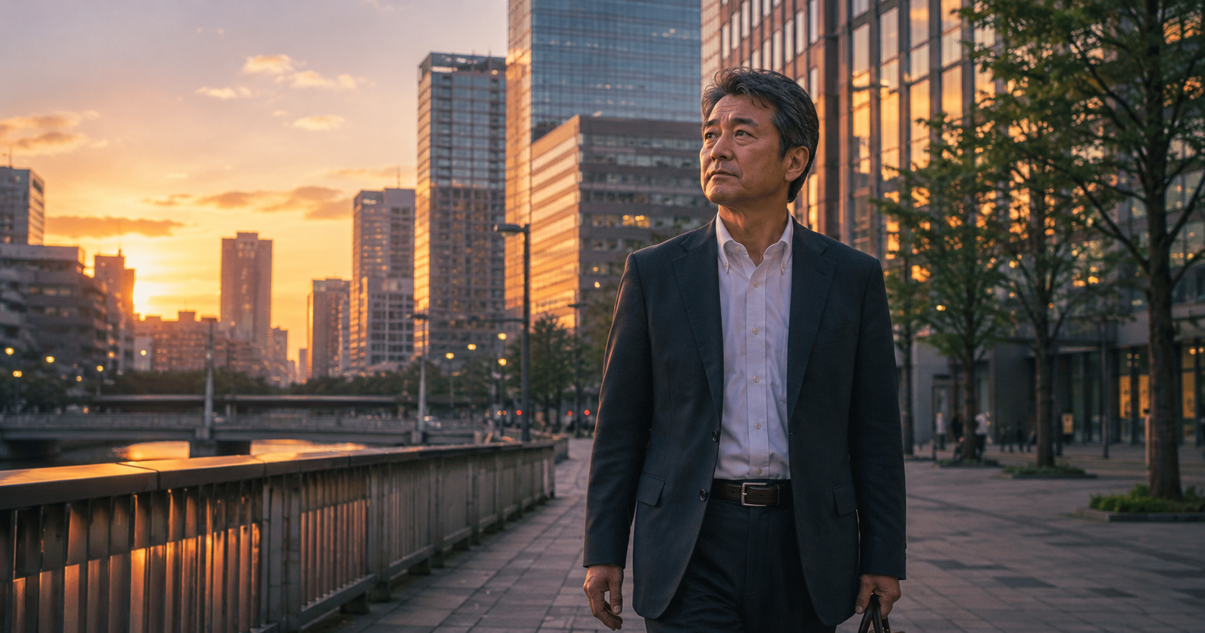 夕方のオフィス街で、これからの人生について考えながら歩く50代の会社員