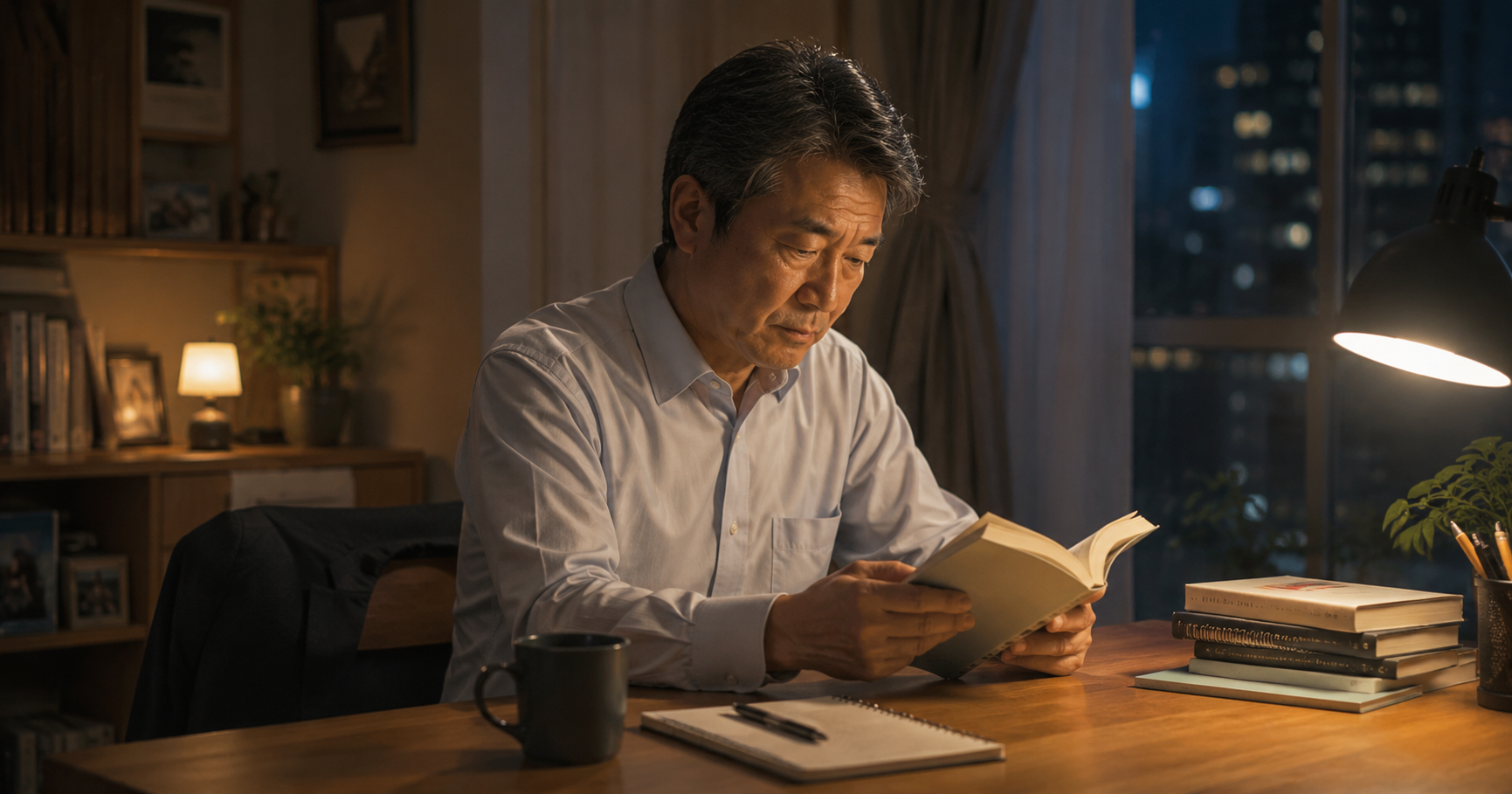 仕事を終えた夜、自宅の机で学び直しのために参考書を読む50代の会社員