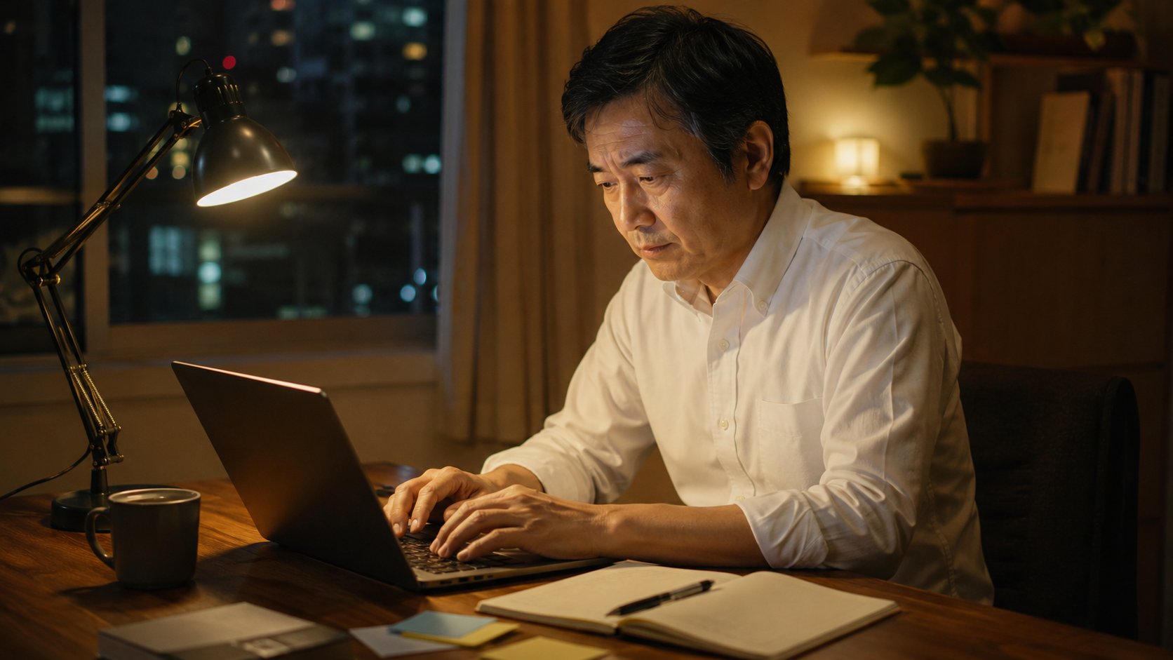 仕事を終えた夜、自宅の机で副業サイト作りに取り組む50代の会社員