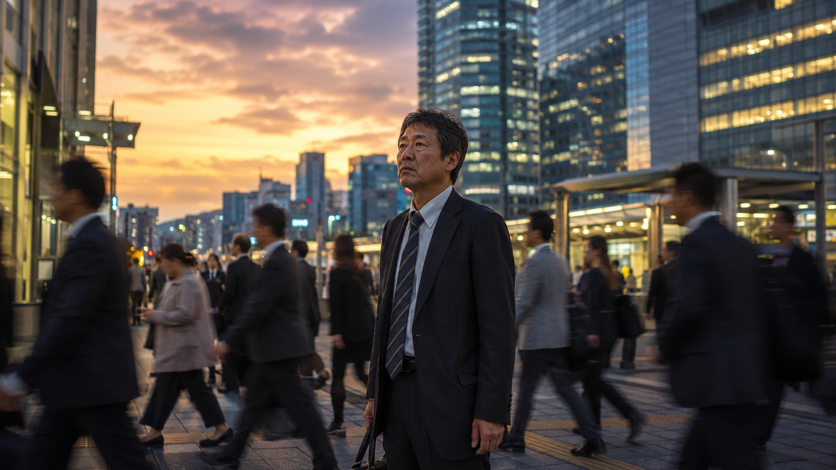 夕方のオフィス街で、再雇用か新天地かを考えながら立ち止まる50代の会社員
