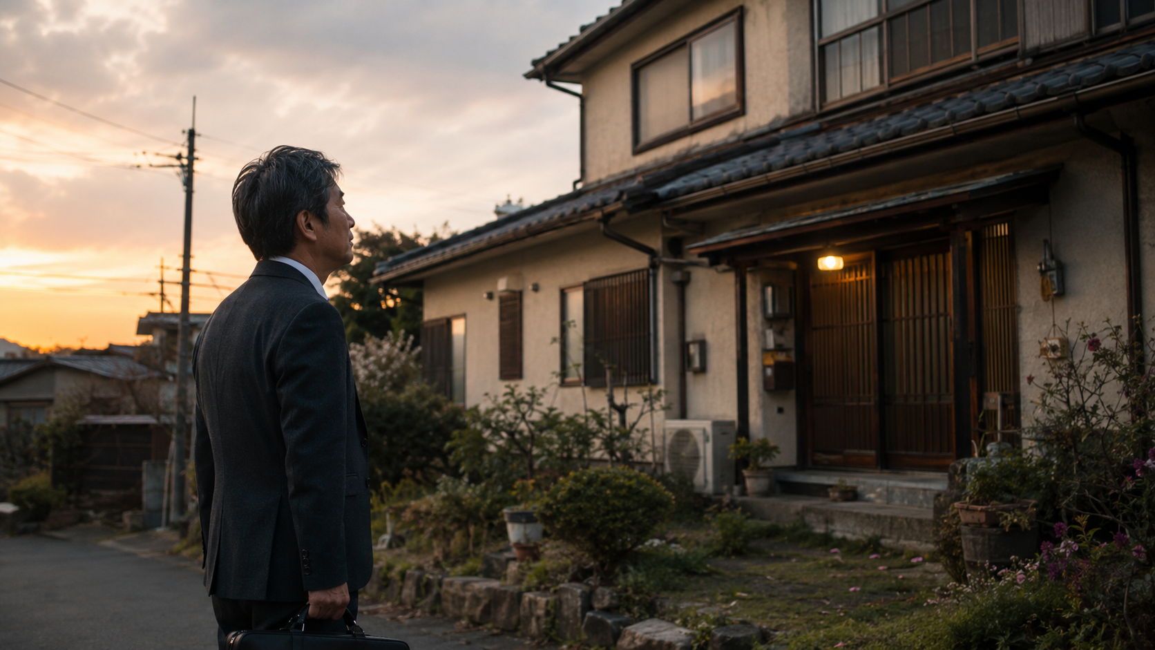 夕方の実家の前で、親と家の将来について考える50代の会社員