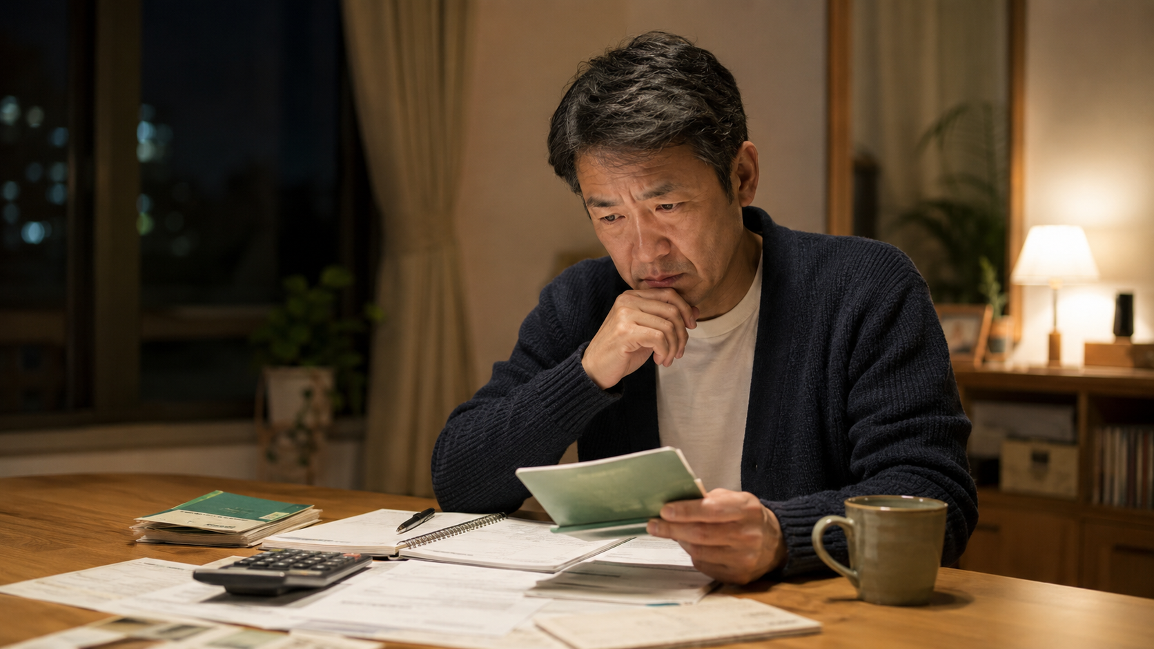 夜の自宅で、老後資金について通帳や書類を見ながら考える50代の会社員