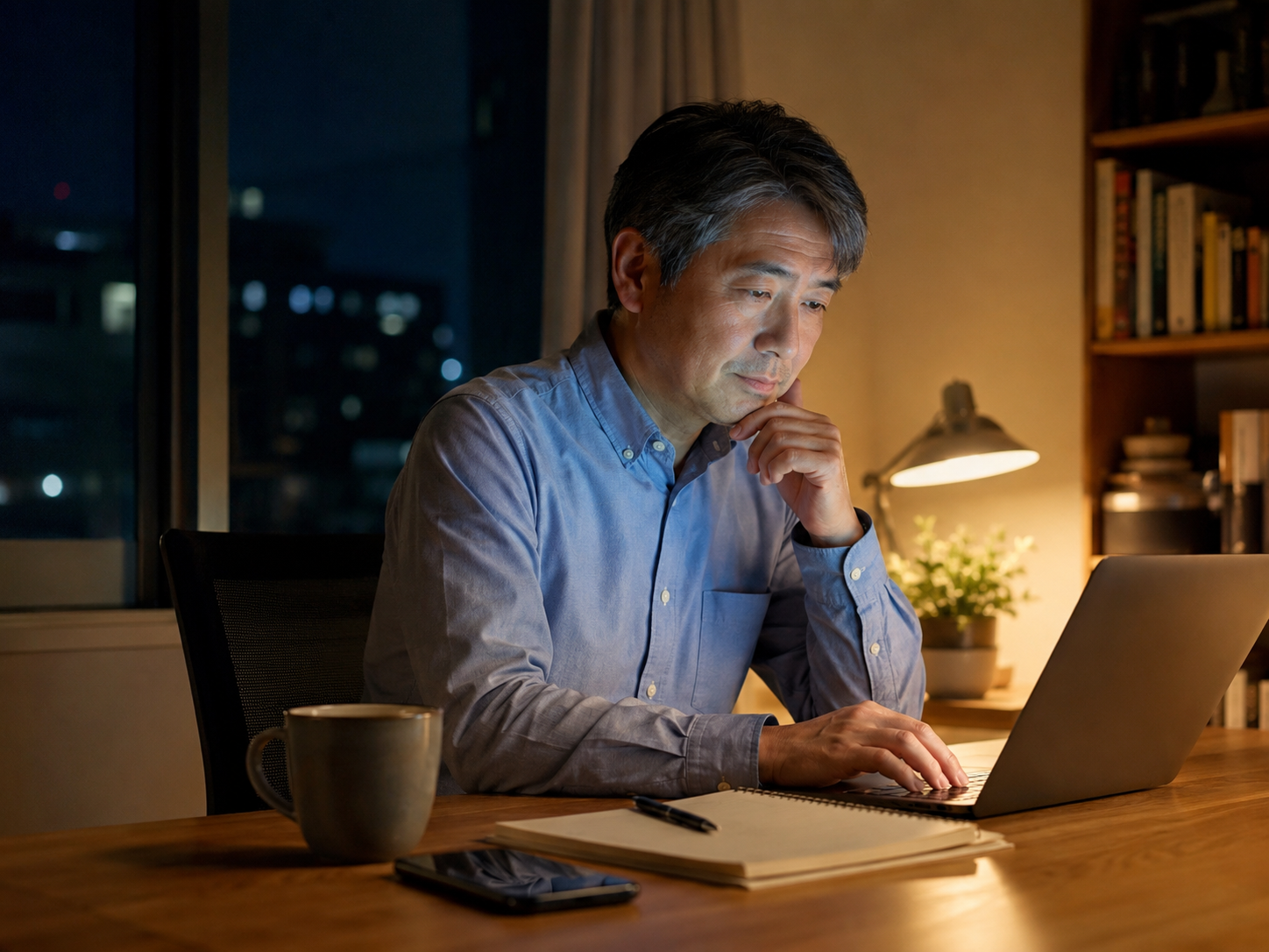 夜の自宅デスクでAIを使いながら情報整理に取り組む50代の会社員