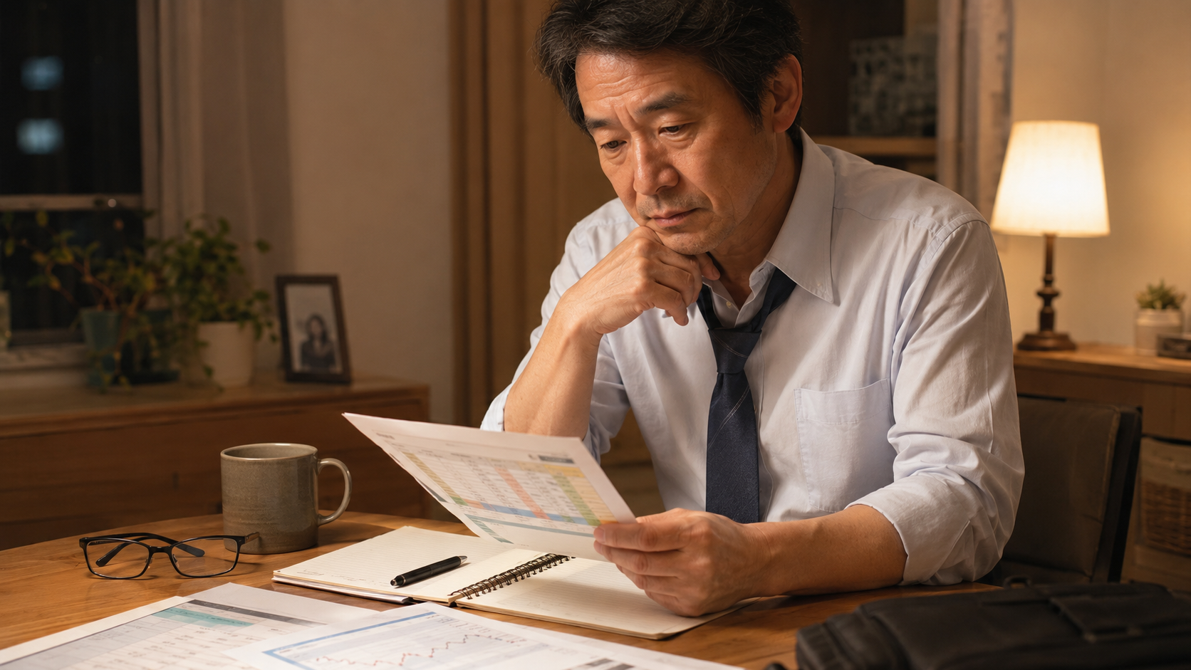 夜の自宅で健康診断の結果を見ながら、これからの体力と働き方を考える50代の会社員