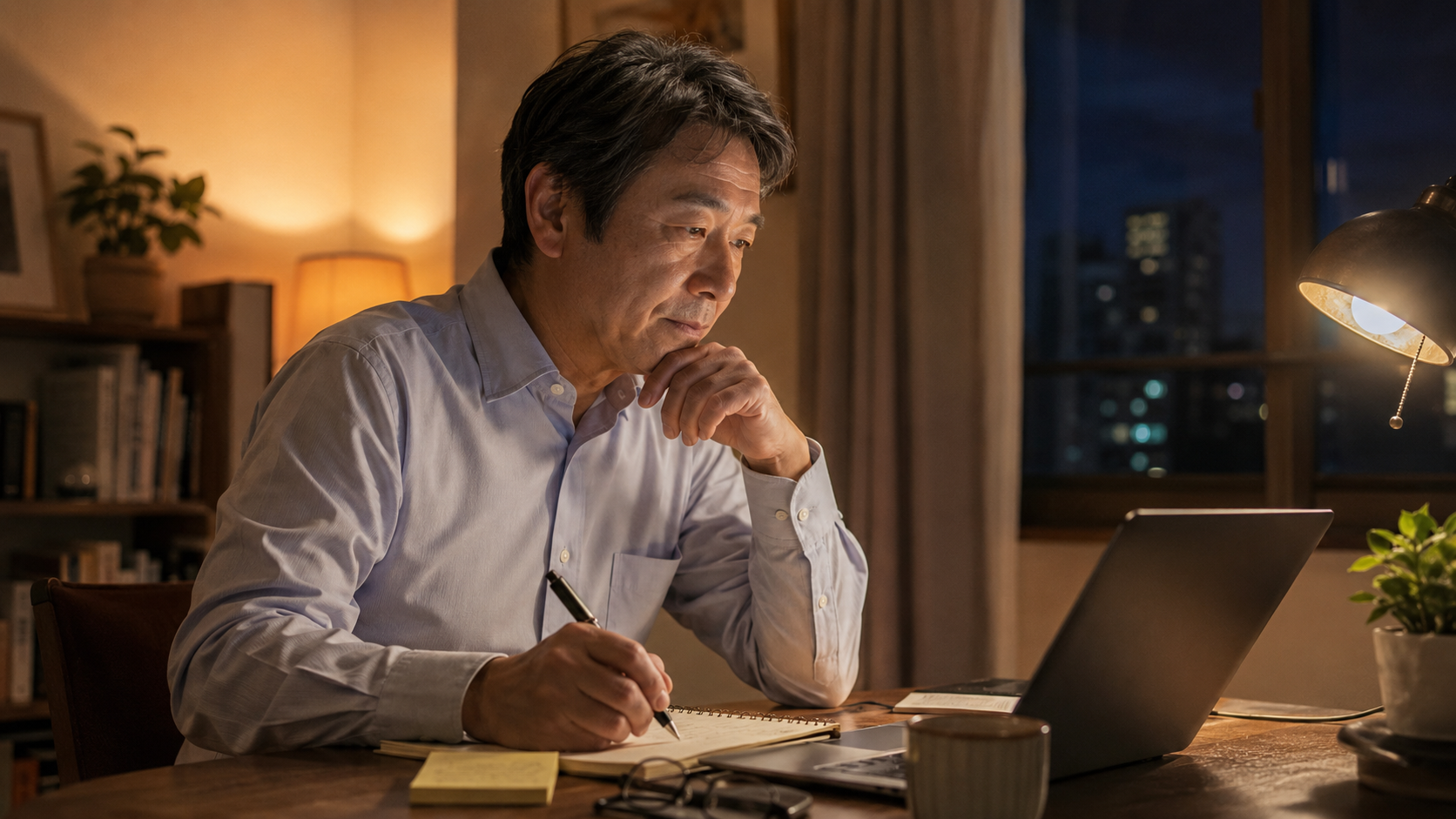 夜の自宅で求人情報を見ながら、転職前に自分の経験や条件を整理する50代の会社員