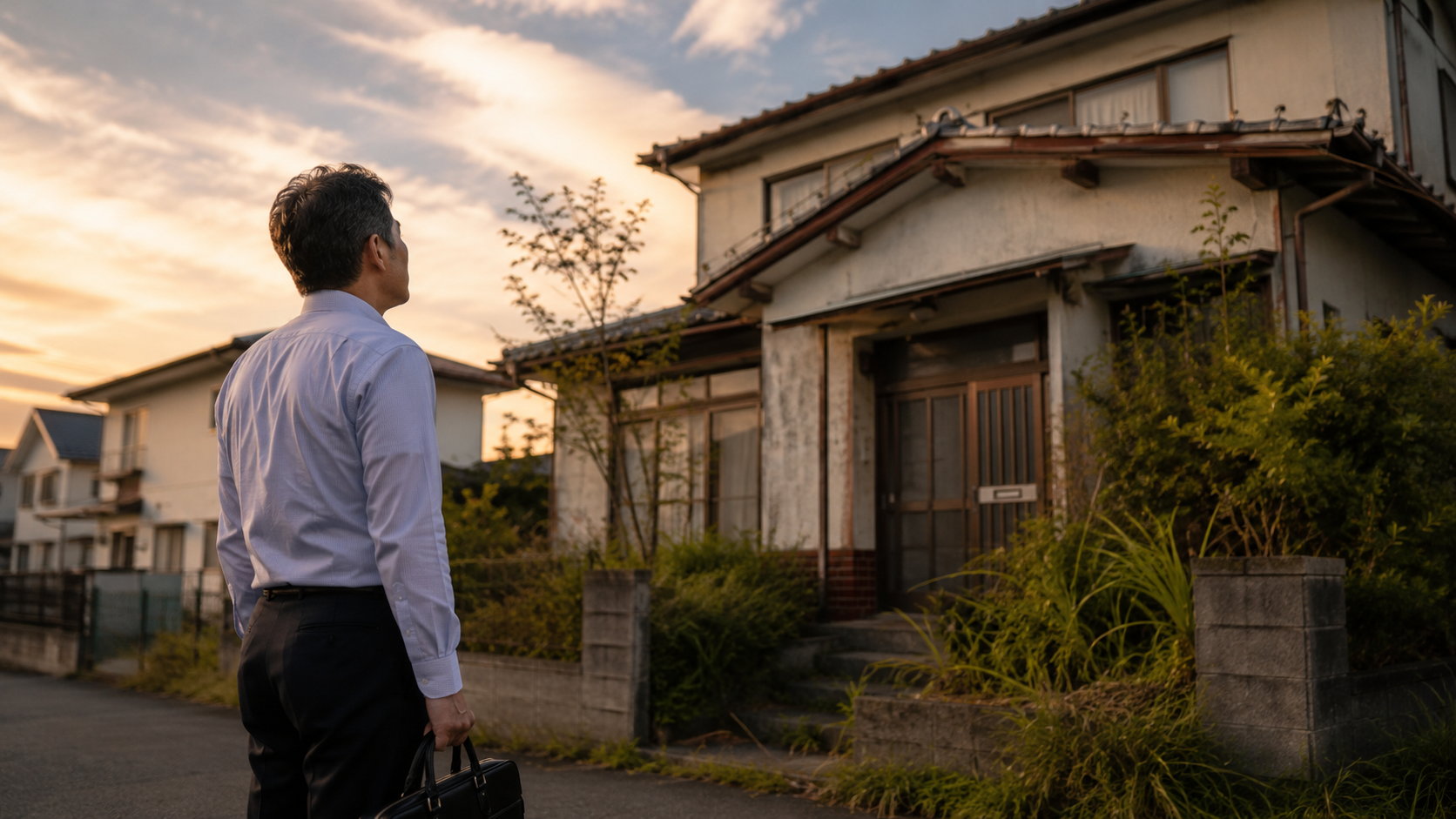 空き家になりそうな実家の前で、売るか貸すか管理するかを考える50代の会社員