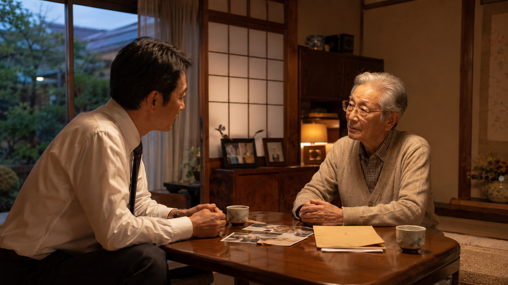 夕方の実家の居間で、親と実家の将来について話し合う50代の男性