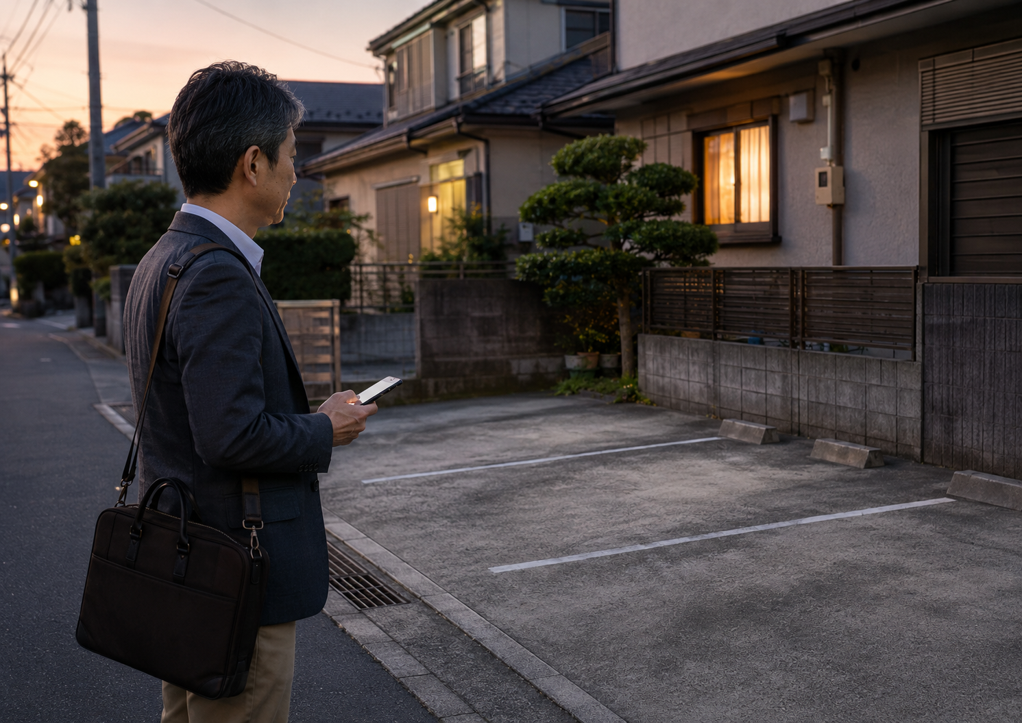 夕方の住宅街で、空いている駐車スペースを見ながらakippaでの活用を考える50代の会社員