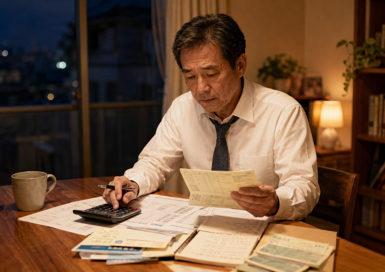 夜の自宅で年金や退職金、家計メモを見ながら老後資金を確認する50代の会社員