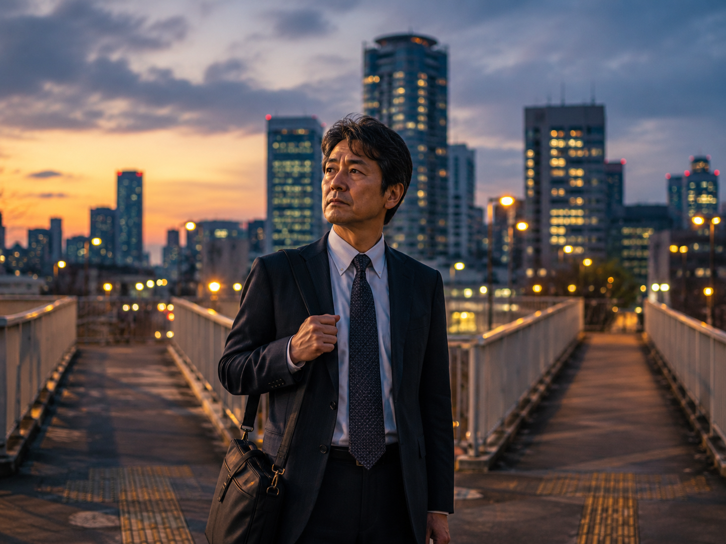 夕暮れの都市の歩道橋で、これからの働き方を考える50代の会社員
