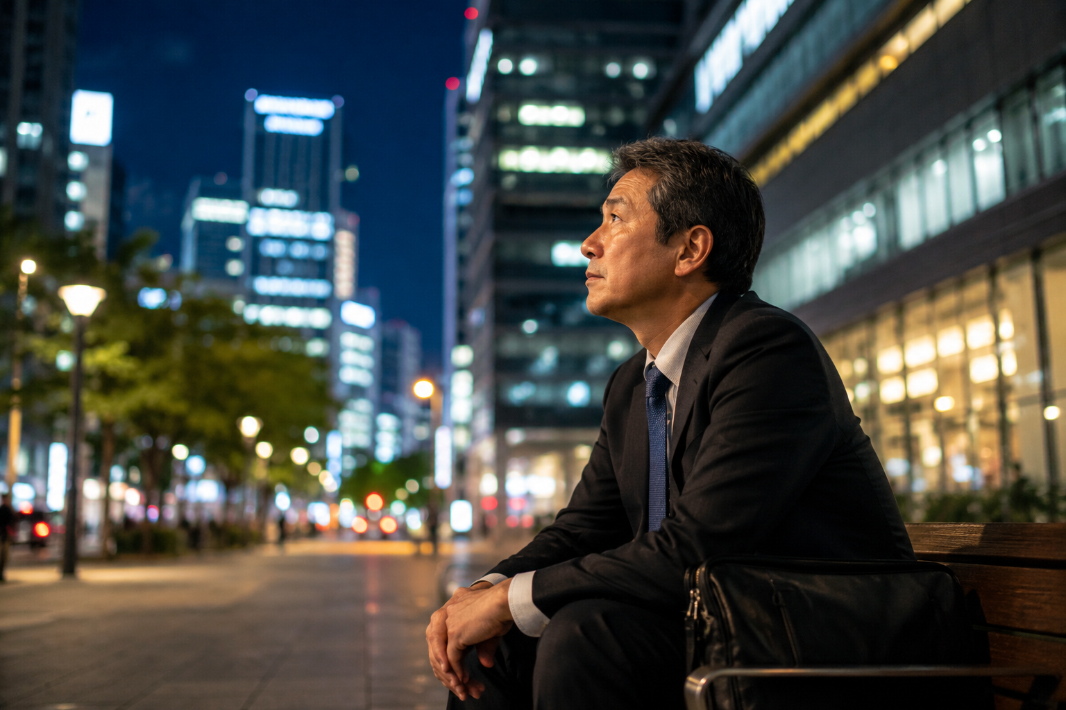 夜の都市で、50代のキャリア相談は無駄なのかを考える会社員