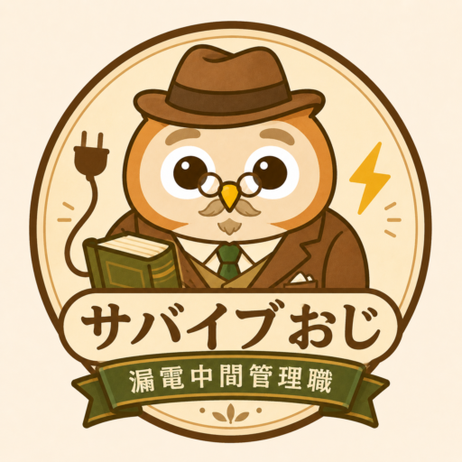 眼鏡と帽子を身につけたフクロウのキャラクター「サバイブおじ」が、本と電源プラグ、稲妻マークとともに描かれたロゴ画像