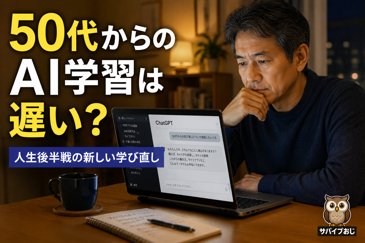 50代会社員がAIを使いながら人生後半戦の働き方や学び直しについて考えている
