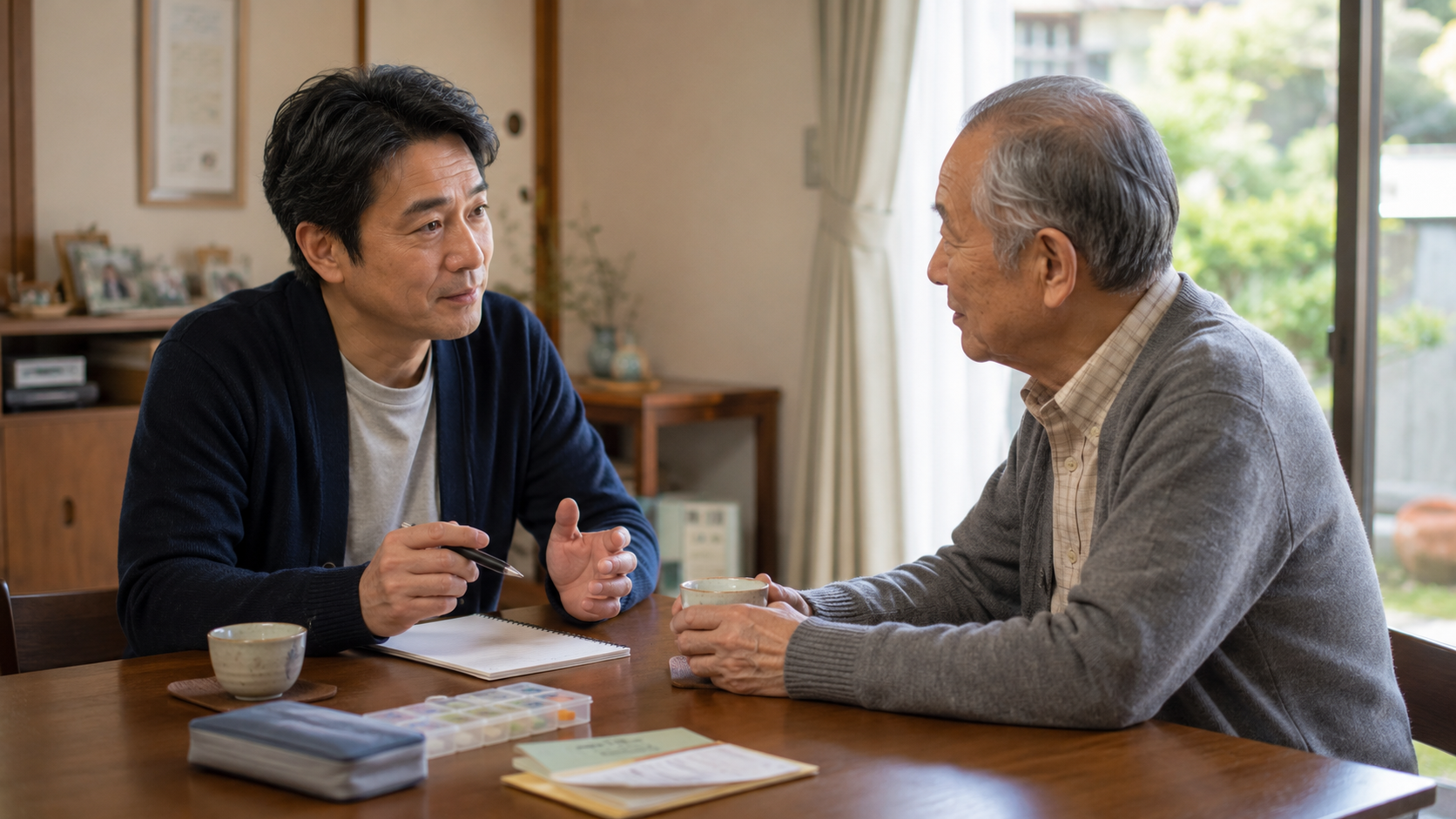 実家の居間で、高齢の親と介護や今後の暮らしについて話す50代の男性