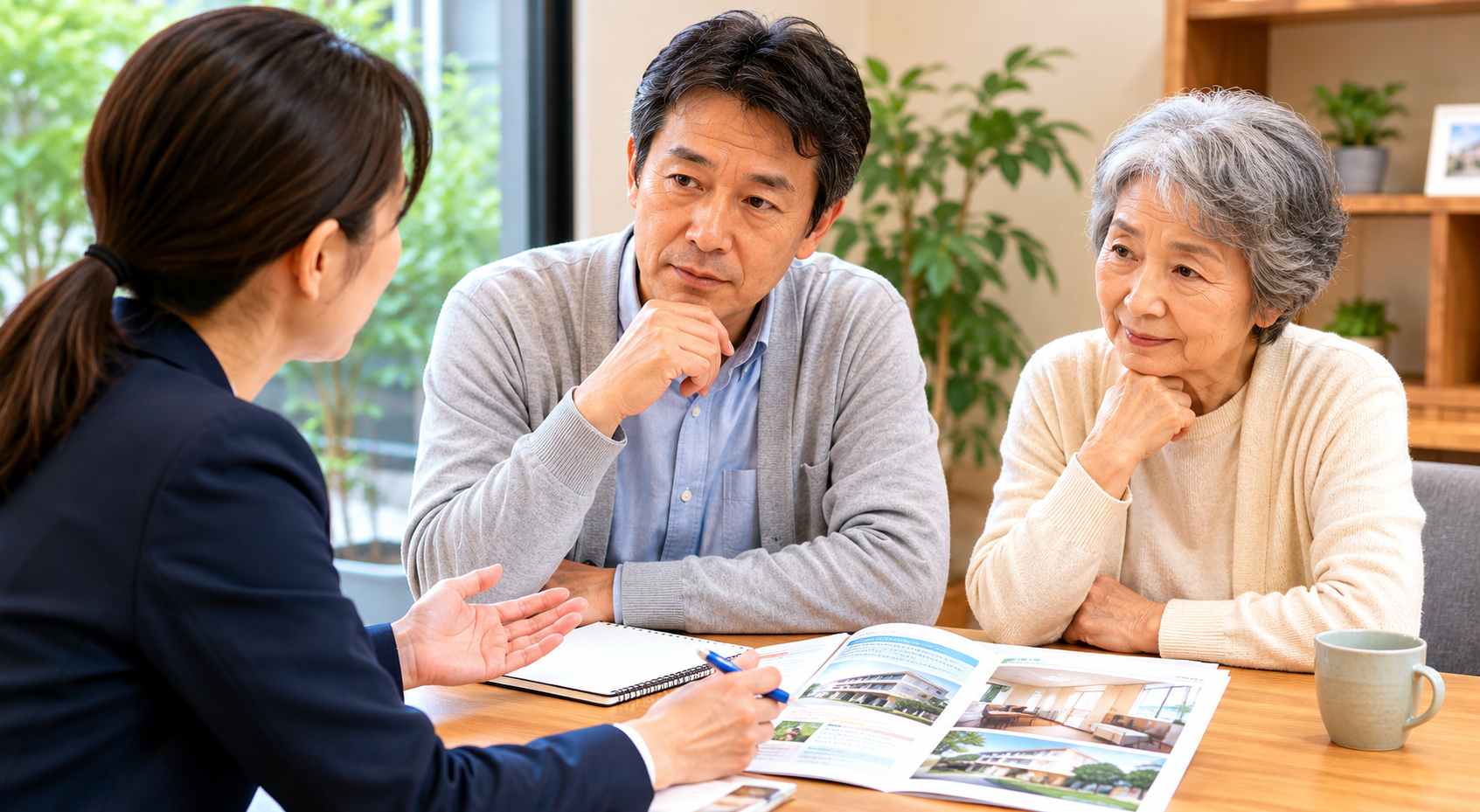 介護施設を探す前に、相談員と親の今後について話し合う50代の男性