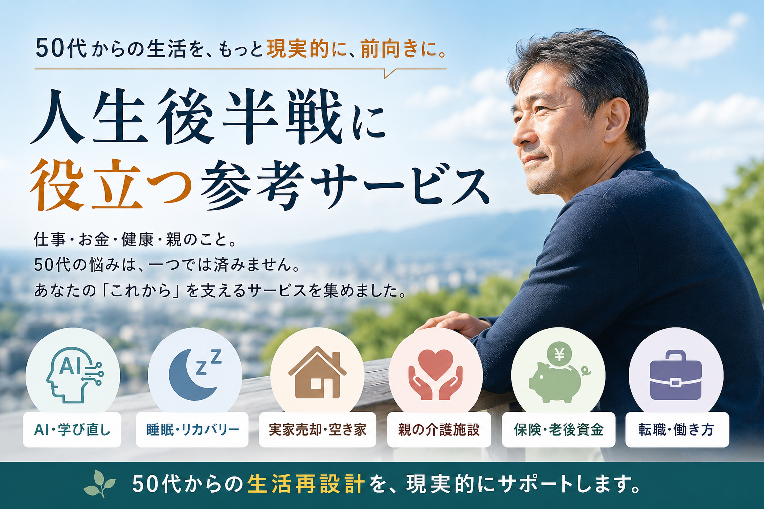 50代男性が前を向き、AI学び直しや睡眠、実家売却、介護、保険、転職など人生後半戦に役立つ参考サービスを紹介するアイキャッチ画像