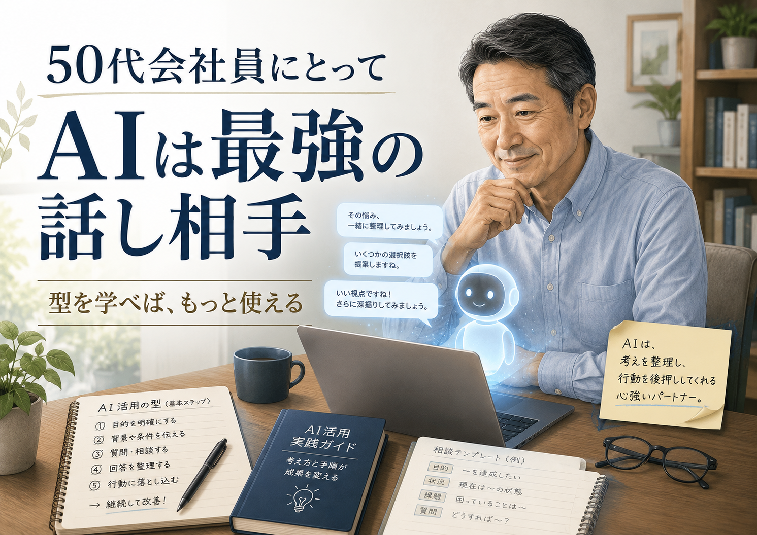ノートパソコンの前でAIと対話しながら、仕事や学び直しについて考える50代会社員