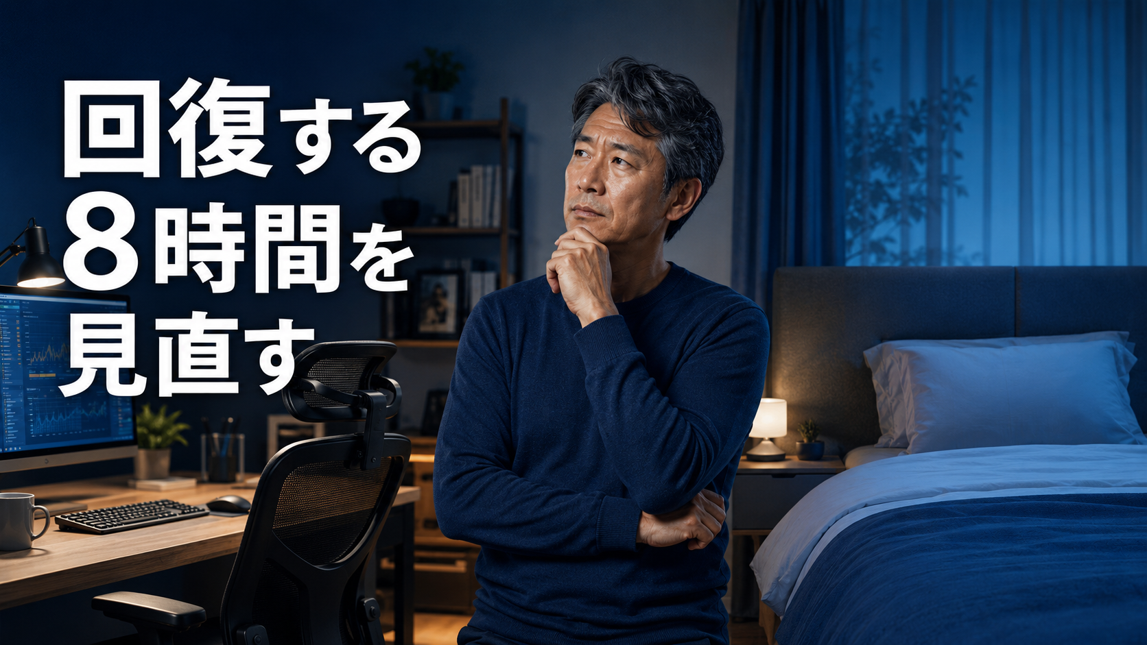 デスクやイスにはこだわる50代男性が、次に睡眠環境と寝具を見直そうとしているイメージ